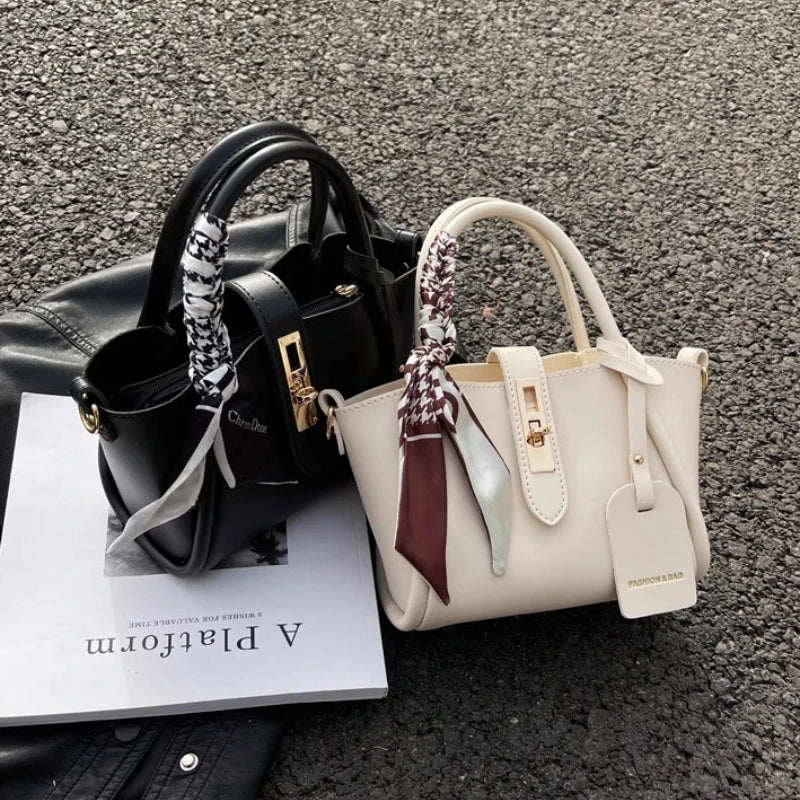 Elegant Leather Top Handle Handbag — Versatile Shoulder Purse with Silk Scarf