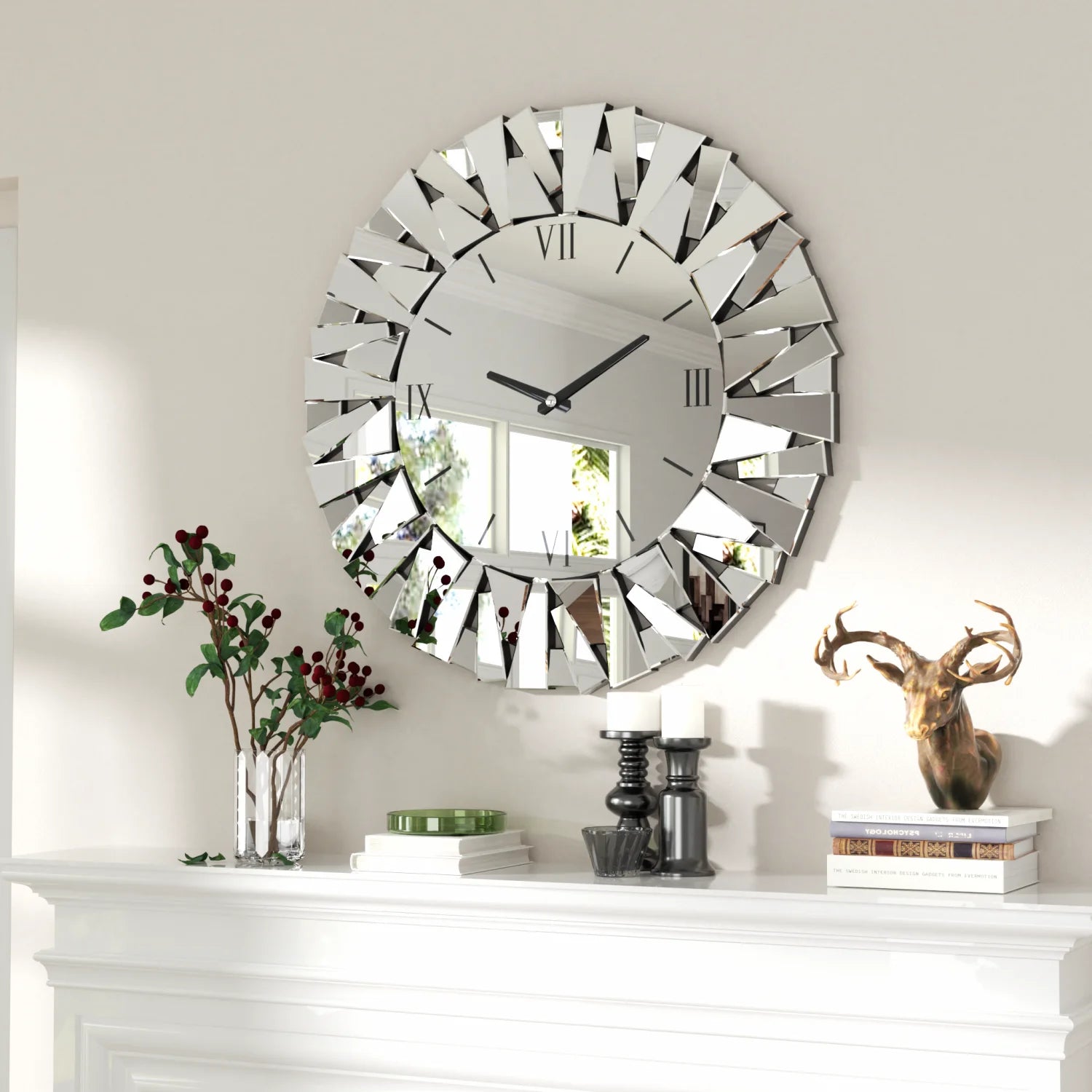 Large Mirrored Wall Clock — Modern Beveled Glass Decor for Living Room