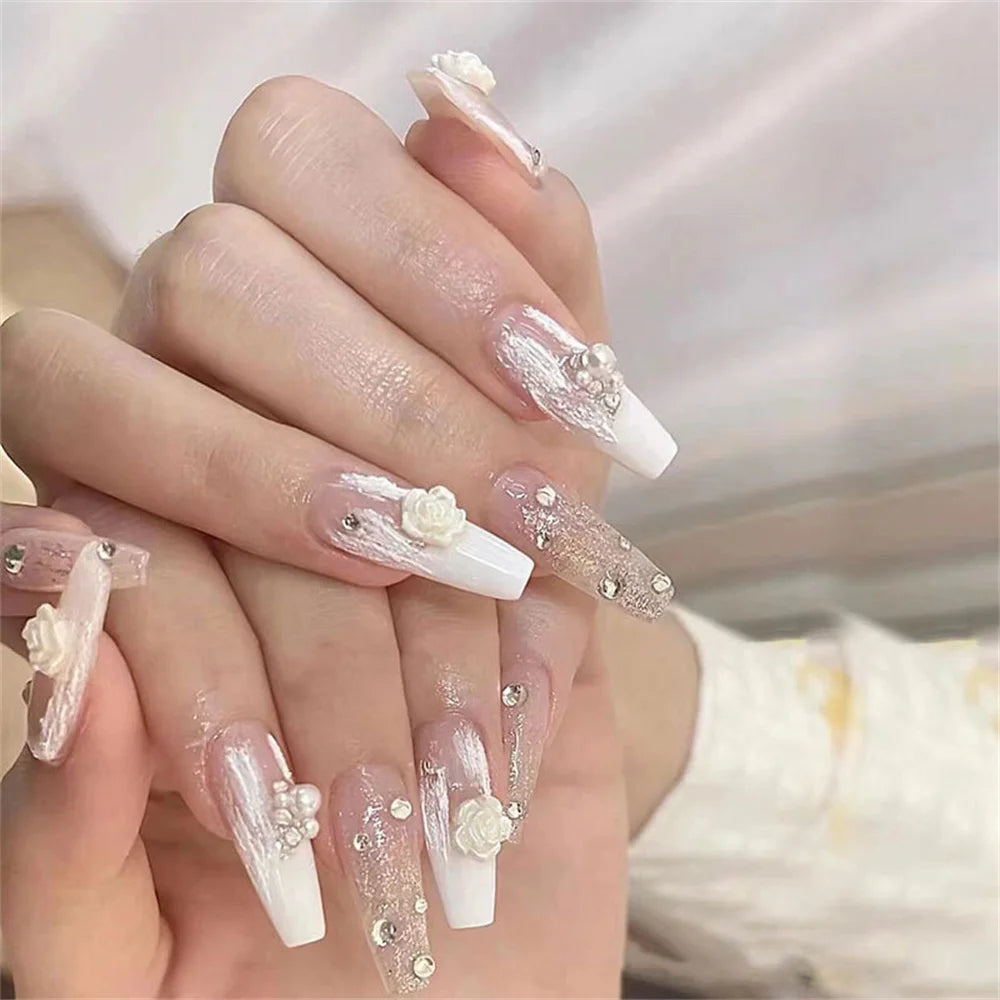 6 Grid Nail Art Rhinestones — White Round Pearl & Steel Bead Decoration