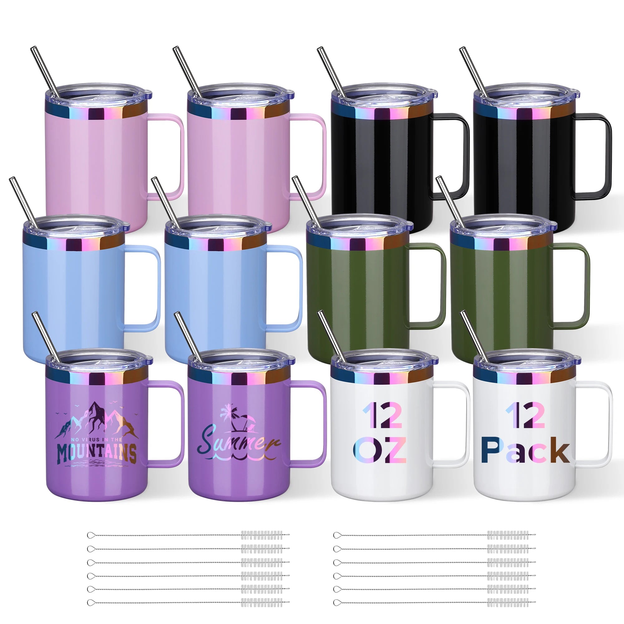 Fastsub Rainbow Coffee Cups — 12 Pack Insulated Stainless Steel Mugs