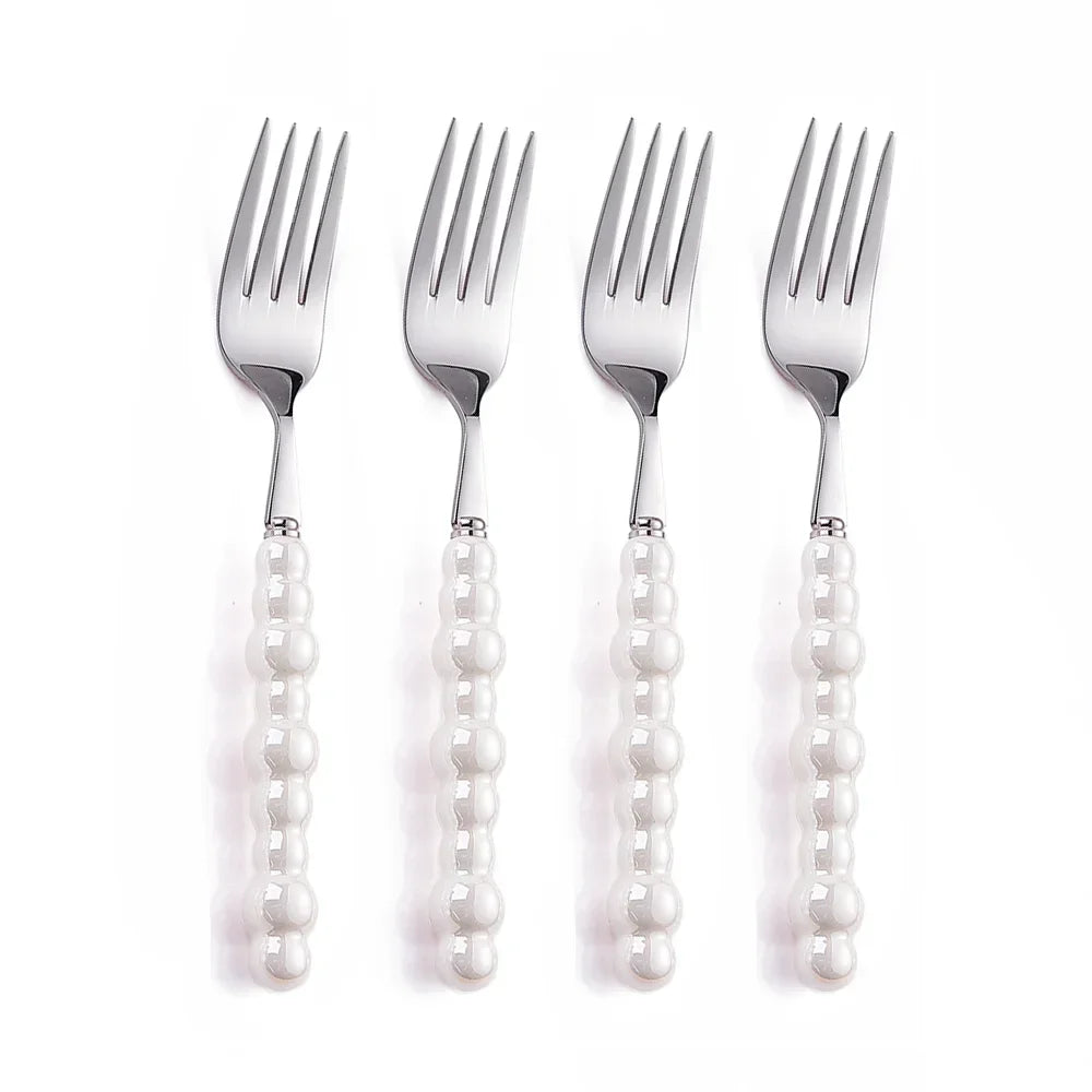 Luxury Ceramic Pearl Handle Cutlery Set — Stainless Steel Spoon and Fork Set