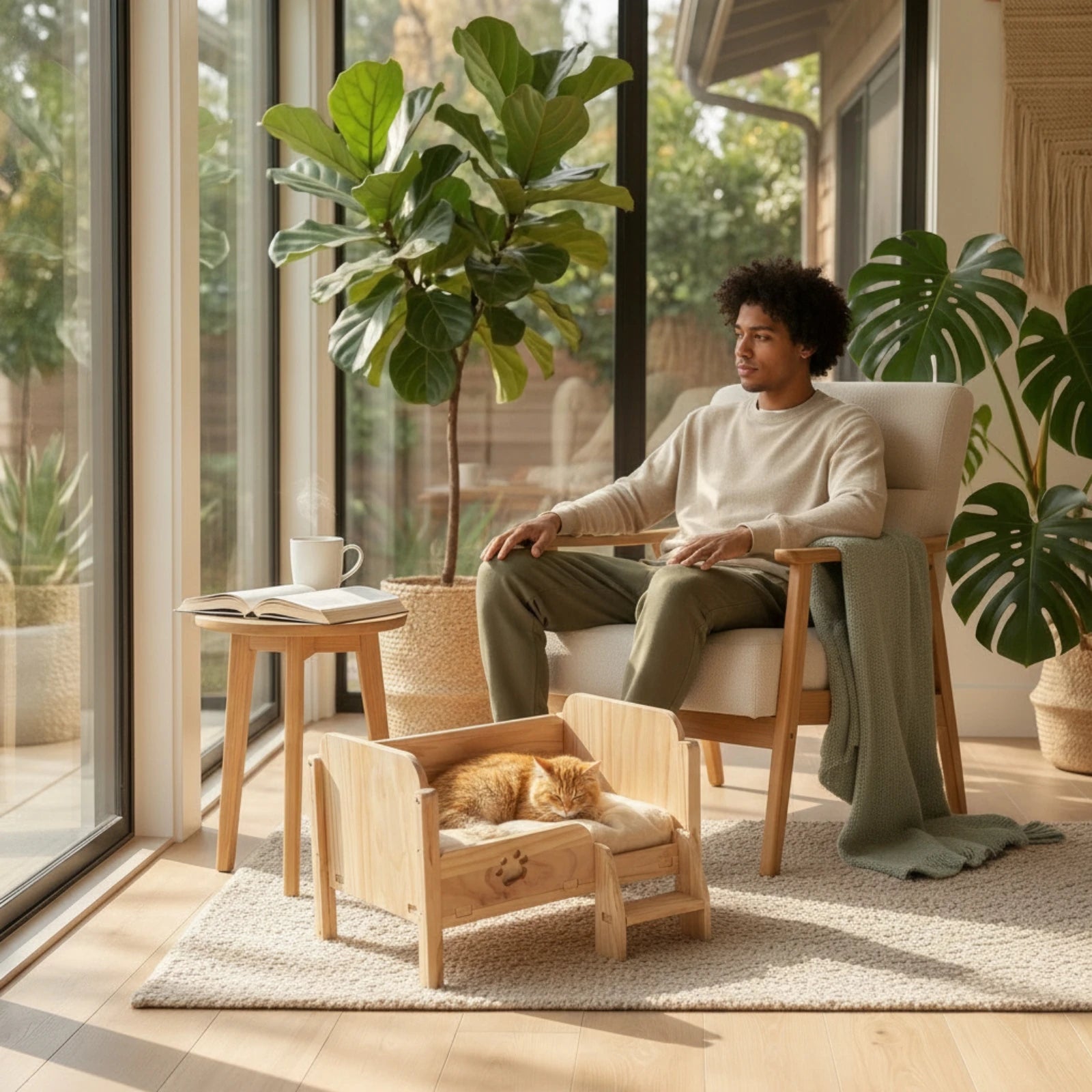 Elevated Wooden Pet Bed — Cozy Raised Cat Sofa with Step