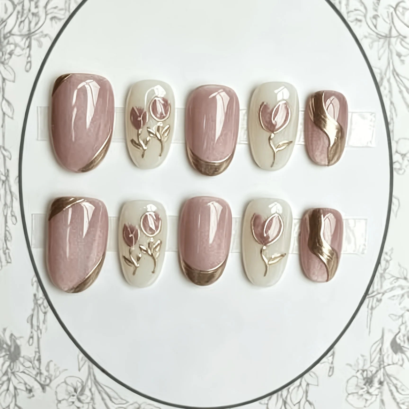 Handmade Press-On Nails — Pink and White Floral Design with Pearl Accents