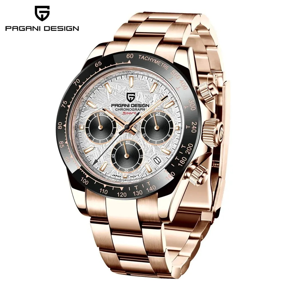 PAGANI DESIGN Luxury Chronograph Watch — Rose Gold Stainless Steel Sport Wristwatch