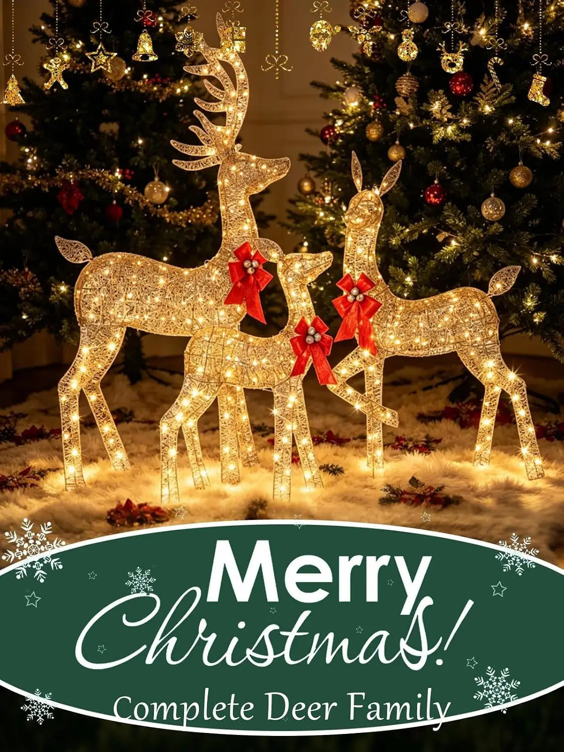 Lighted Reindeer Family Decor — Glittering LED Holiday Lawn Ornament