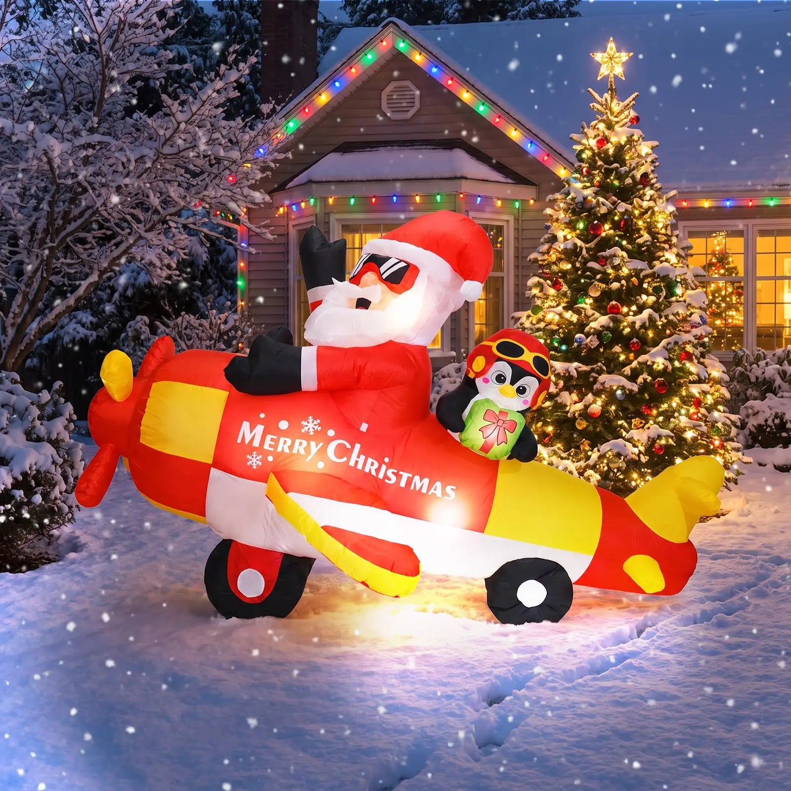 Santa and Penguin Inflatable Airplane — 8ft Outdoor Christmas Decor