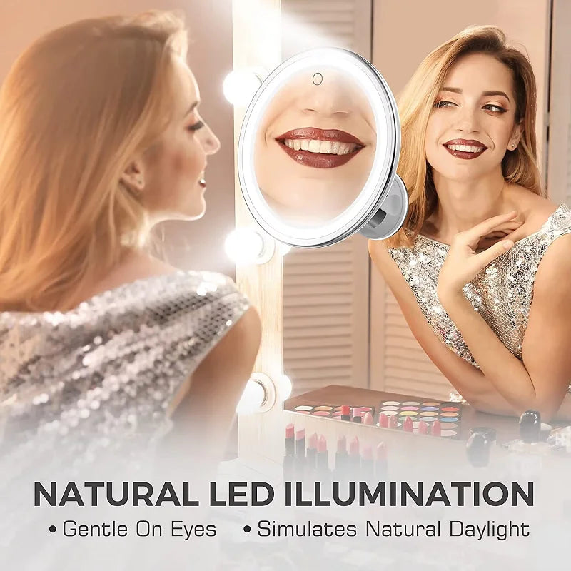 LED Makeup Mirror — 10x Magnification Desktop Vanity Light, White