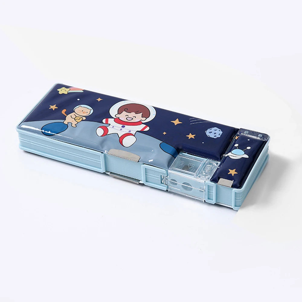 Cartoon Stationery Storage Box — Plastic Pencil Case with Built-in Sharpener