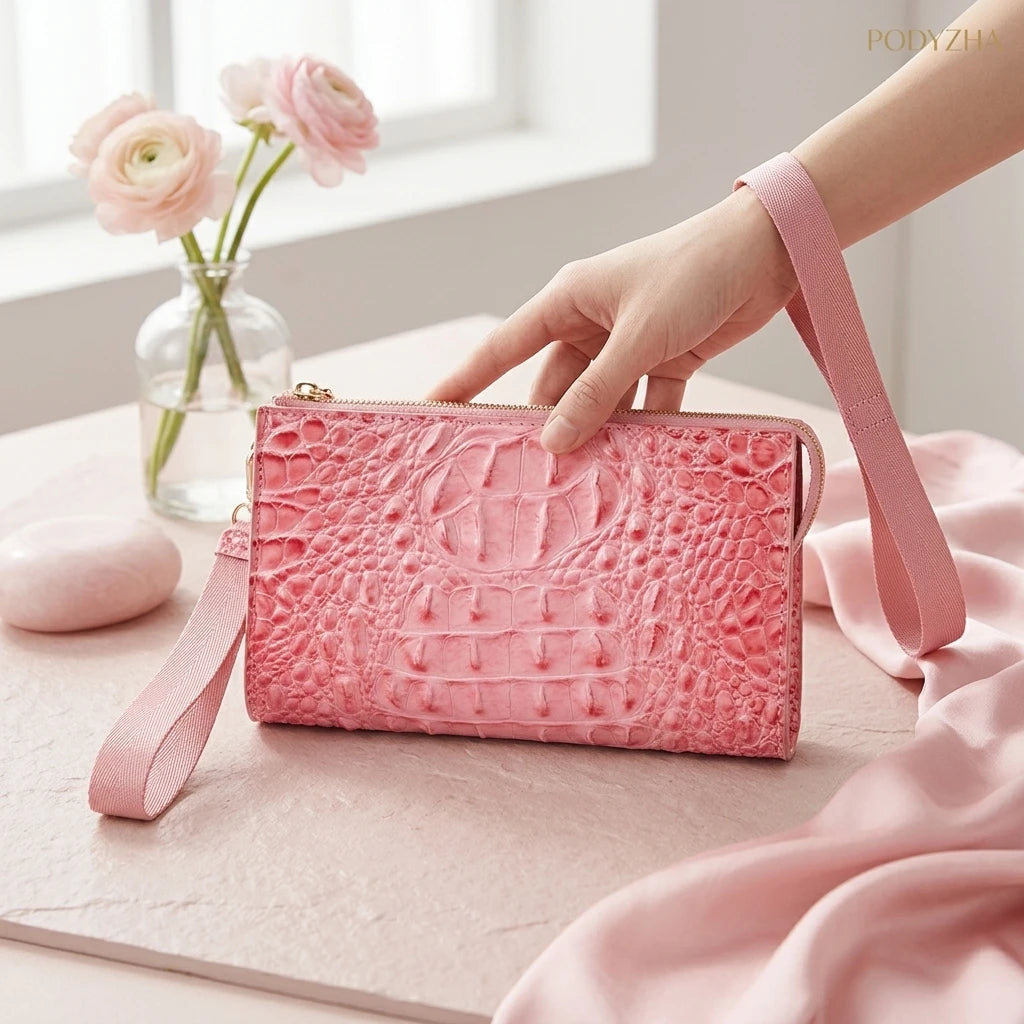 Crocodile Embossed Crossbody Wristlet — Versatile Clutch Bag with Adjustable Strap