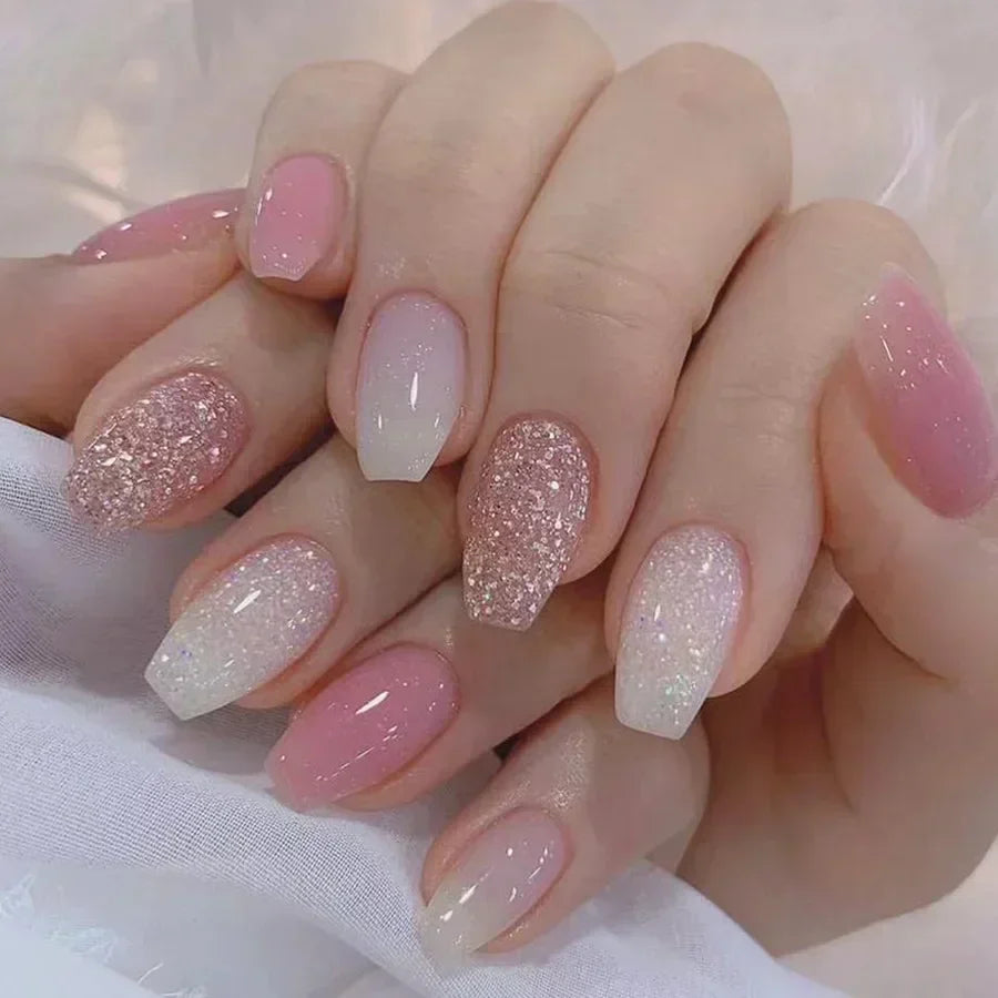 Qsezeny French Tip Press On Nails — Short Coffin Style Frosted Fake Nails