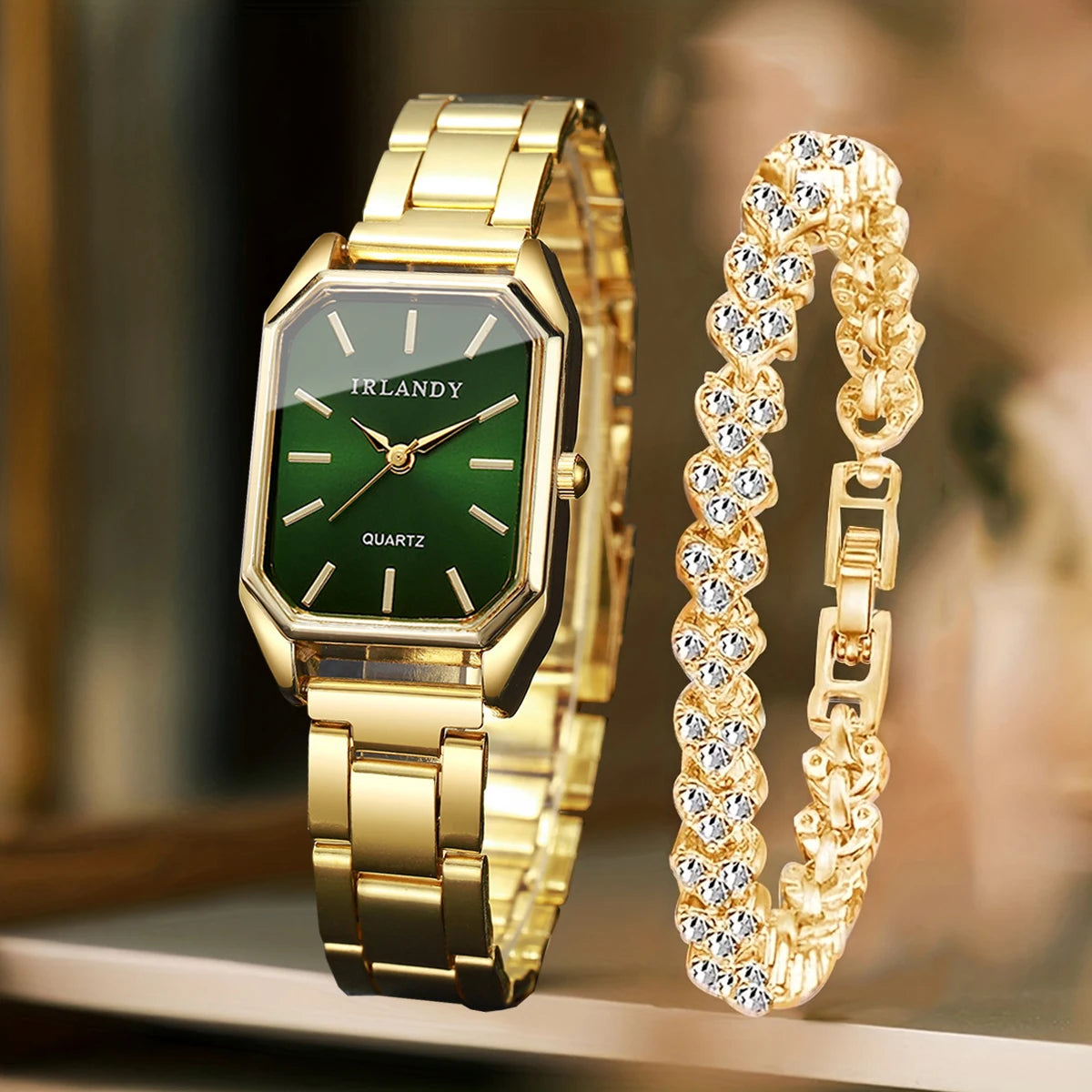 Women's Rectangle Quartz Watch and Rhinestone Bracelet Set — Elegant Jewelry Duo