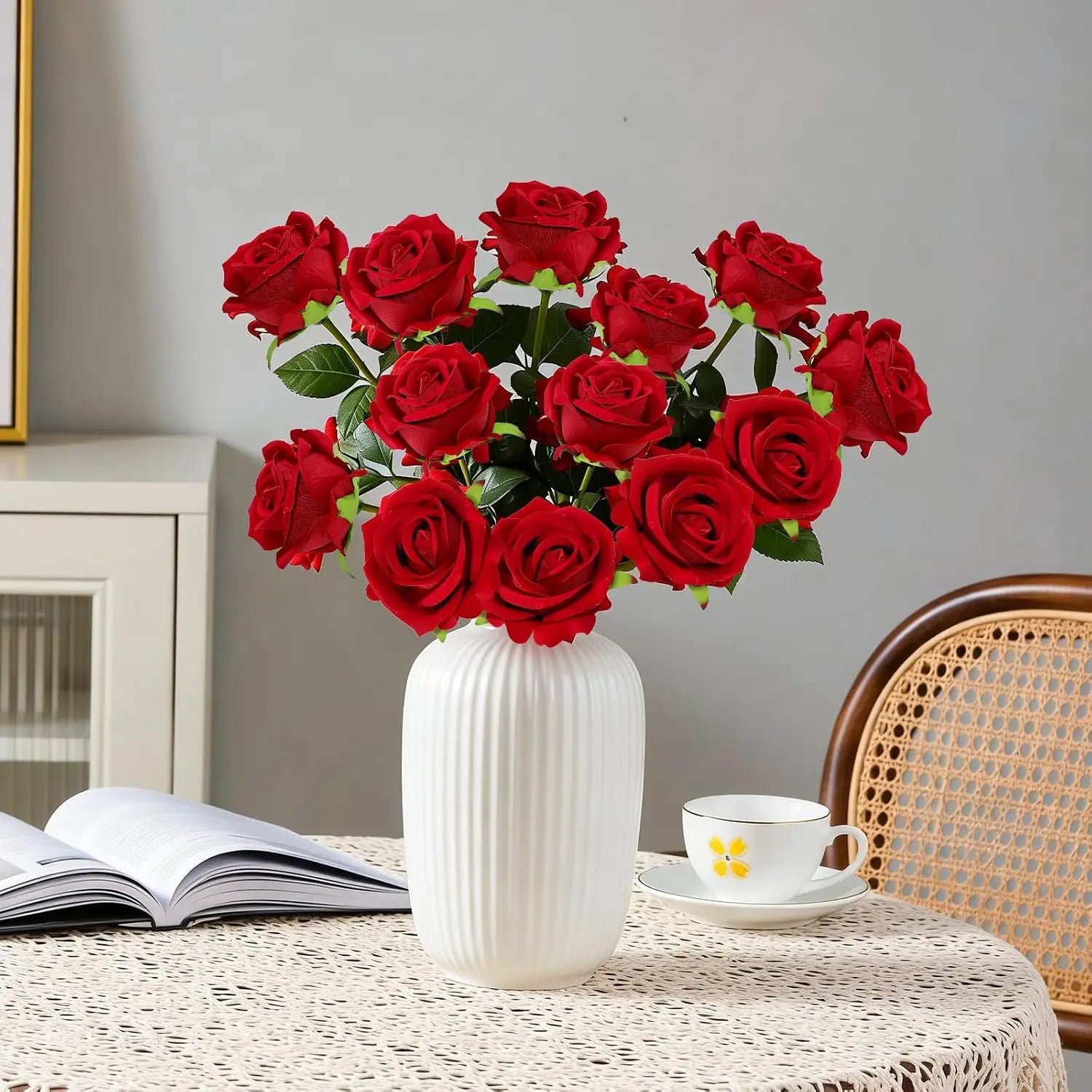 Velvet Artificial Rose Bouquet — 12 Piece Long Stem Faux Flowers for Decor