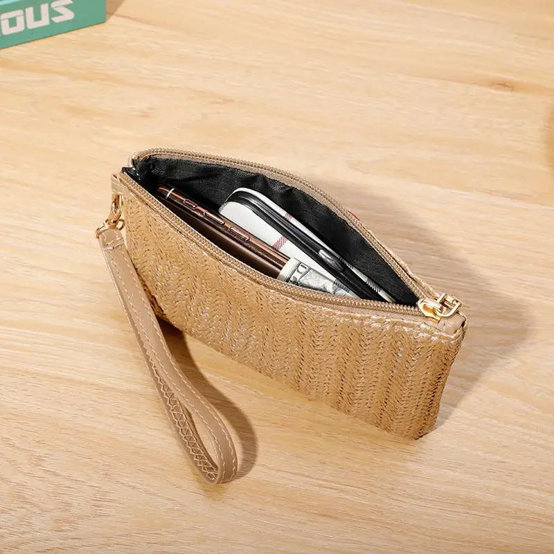 Woven Straw Wristlet Clutch — Stylish Beach Wallet & Phone Pouch