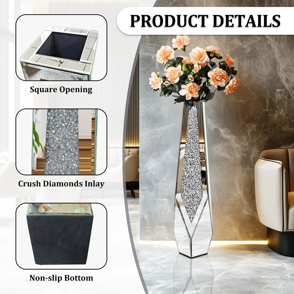 Crushed Diamond Mirrored Flower Vase — Large Standing Floor Decor