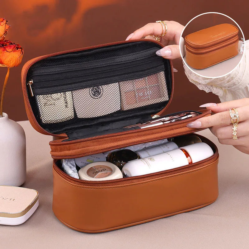 Double Layer Cosmetic Bag — Large Capacity PU Leather Makeup Organizer