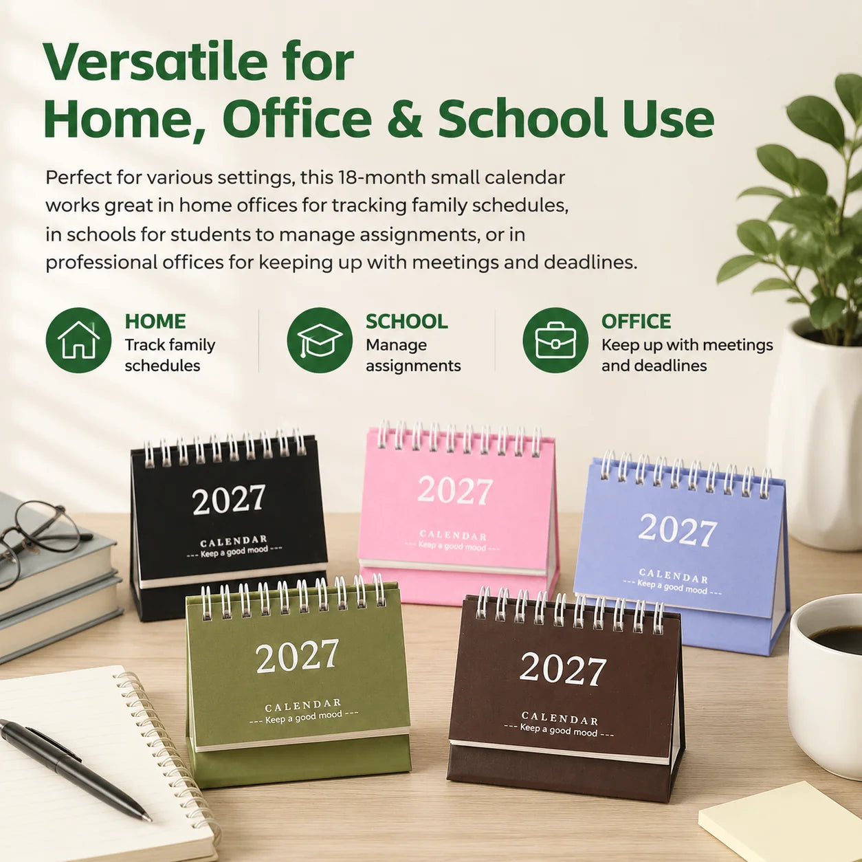 Mini Desktop Calendar — 18-Month Planner and Notepad, Compact Standing Design