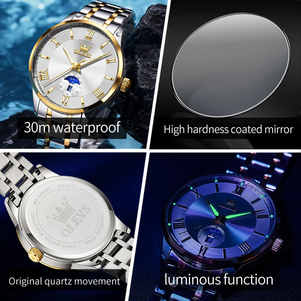 OLEVS 3638 Luxury Men's Quartz Watch — Stainless Steel with Day Date Display