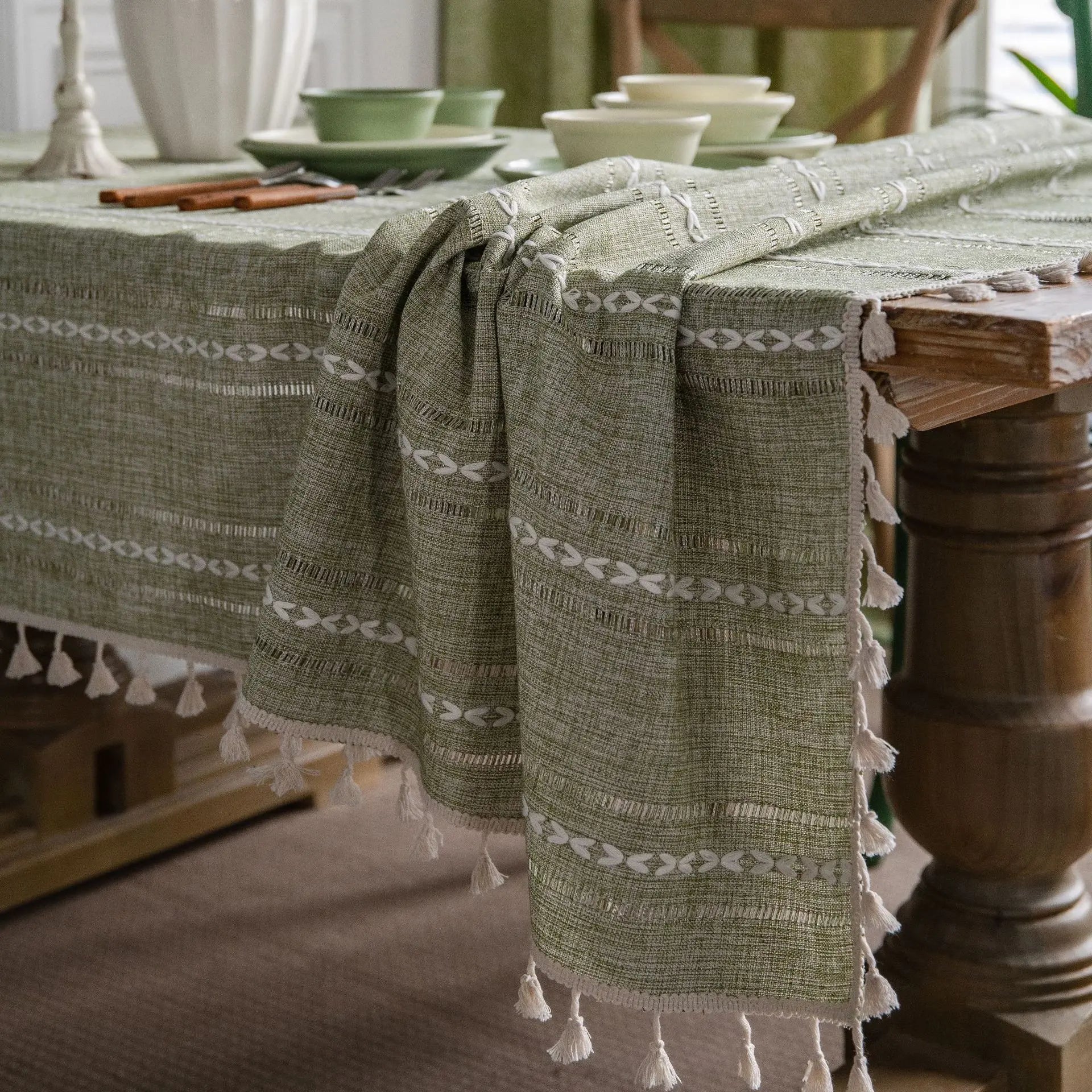 Cotton Linen Stripe Tassel Tablecloth — Stain Resistant Dining Decor