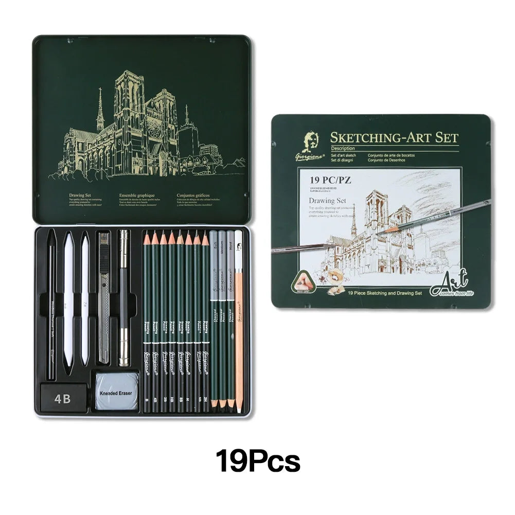 Charcoal Sketching Pencil Set — Professional Art Kit in Portable Green Tin