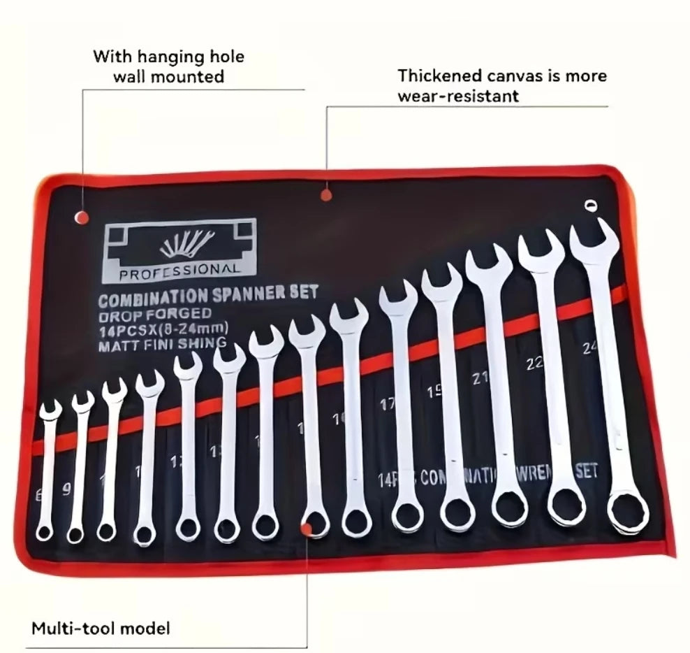 14-Pocket Tool Organizer Roll — Heavy Duty Canvas Wrench Storage Bag