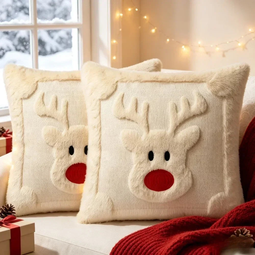 Fluffy Reindeer Cushion Cover — Soft Embroidered Holiday Pillow Slip