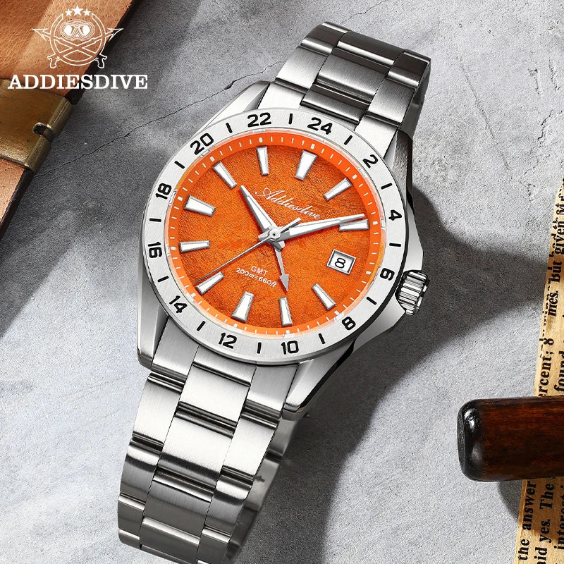 ADDIESDIVE Luxury GMT Watch — Dual Time Zone 38mm Stainless Steel