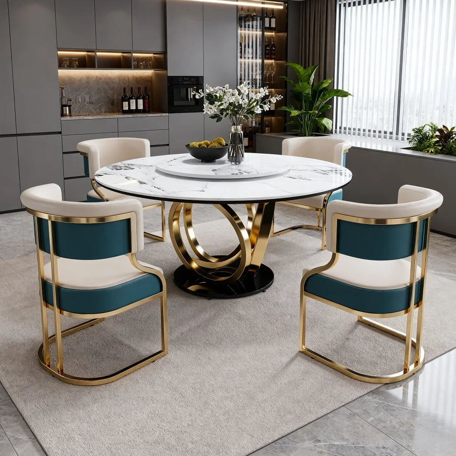 59 Inch Round Sintered Stone Dining Set — Rotating Lazy Susan & Gold Frame