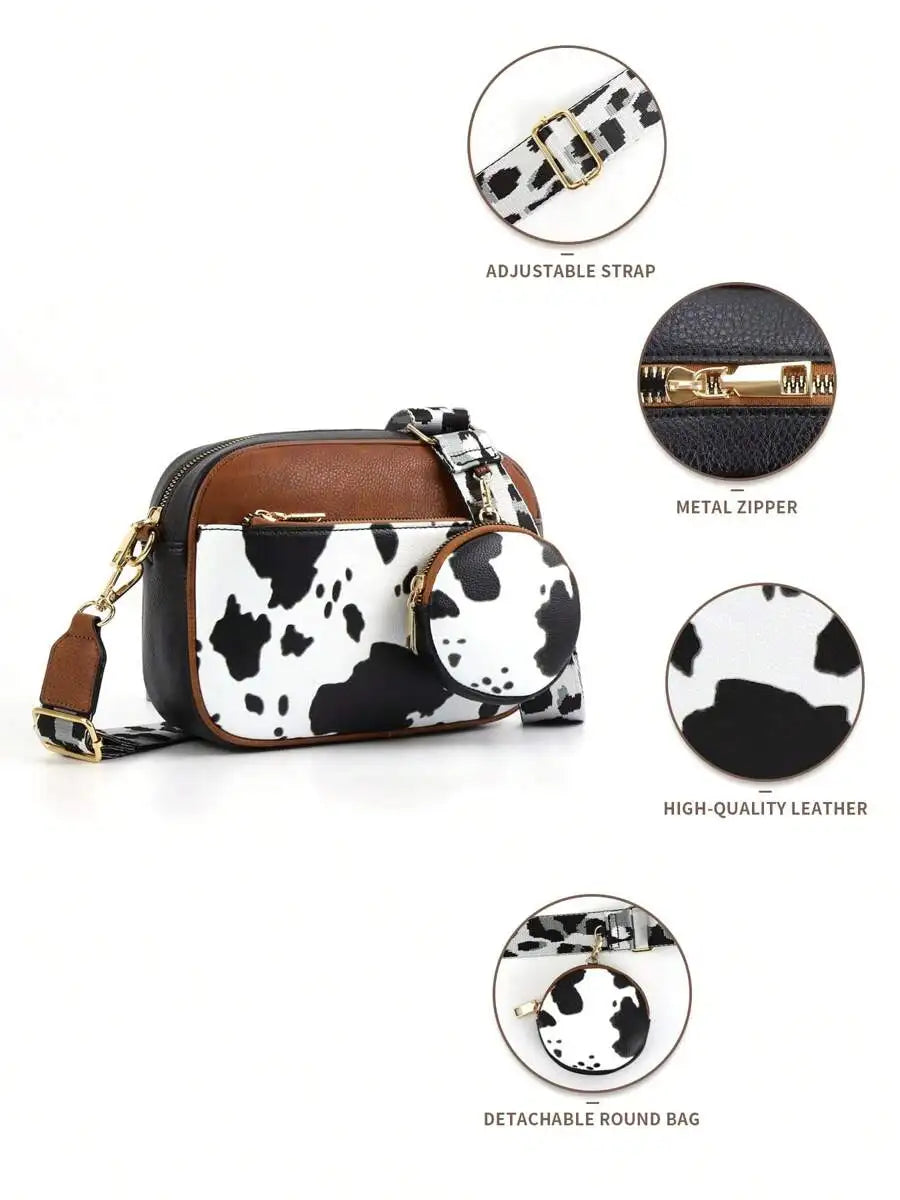 Retro Cow Pattern Crossbody Bag — Stylish Colorblock Shoulder Purse