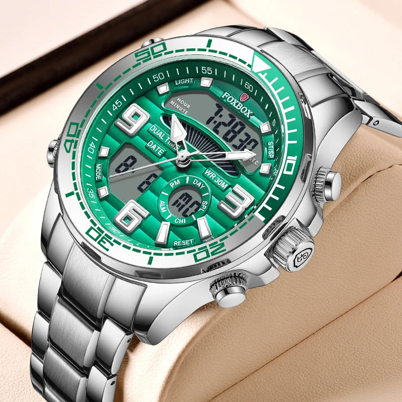 foxbox Men's Dual Display Watch — Luxury Quartz Analog-Digital Wristwatch