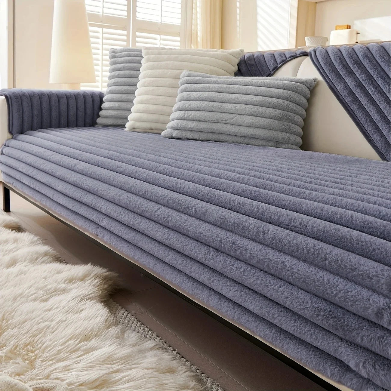 Plush Striped Sofa Cover — Soft Imitation Rabbit Fur Slipcover