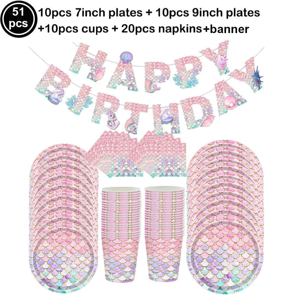 Mermaid Scales Pattern Party Supplies — Disposable Tableware Decor Set