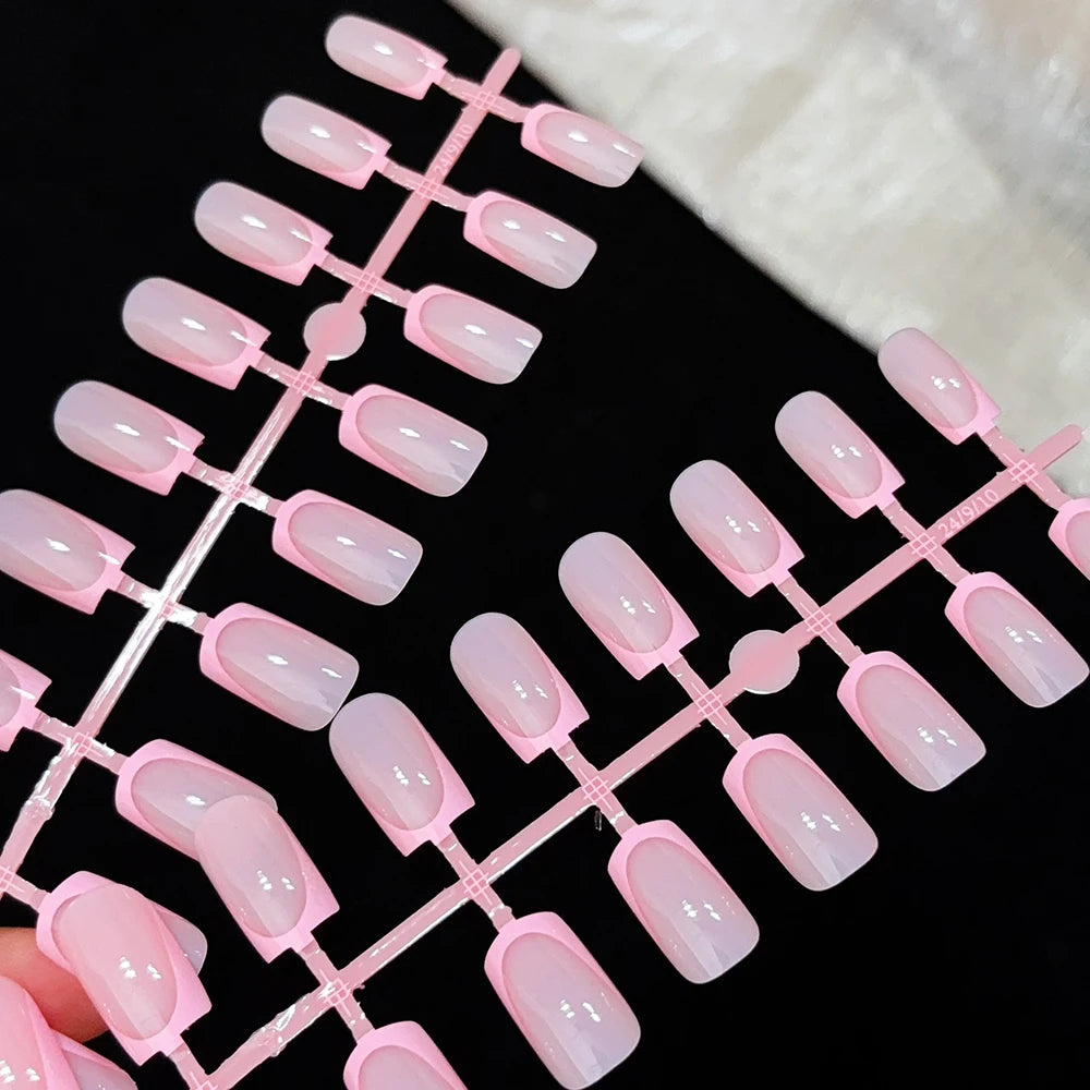 MingLee Glossy French Tip Press On Nails — Medium Square Acrylic False Nails