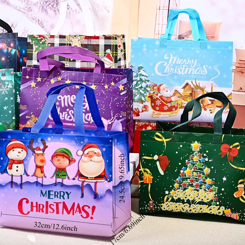 Christmas Pattern Gift Bags — Non-Woven Fabric Holiday Holders, 10 Pack