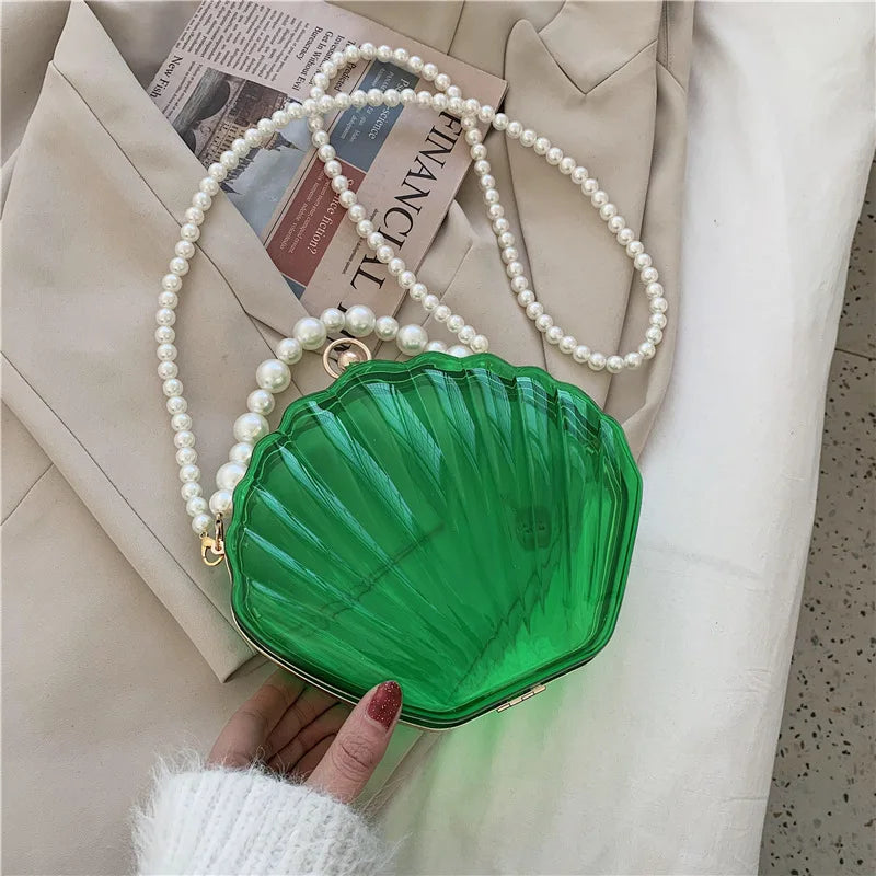 FENJING Transparent Shell Evening Bag — Pearl Chain Clutch & Crossbody Purse