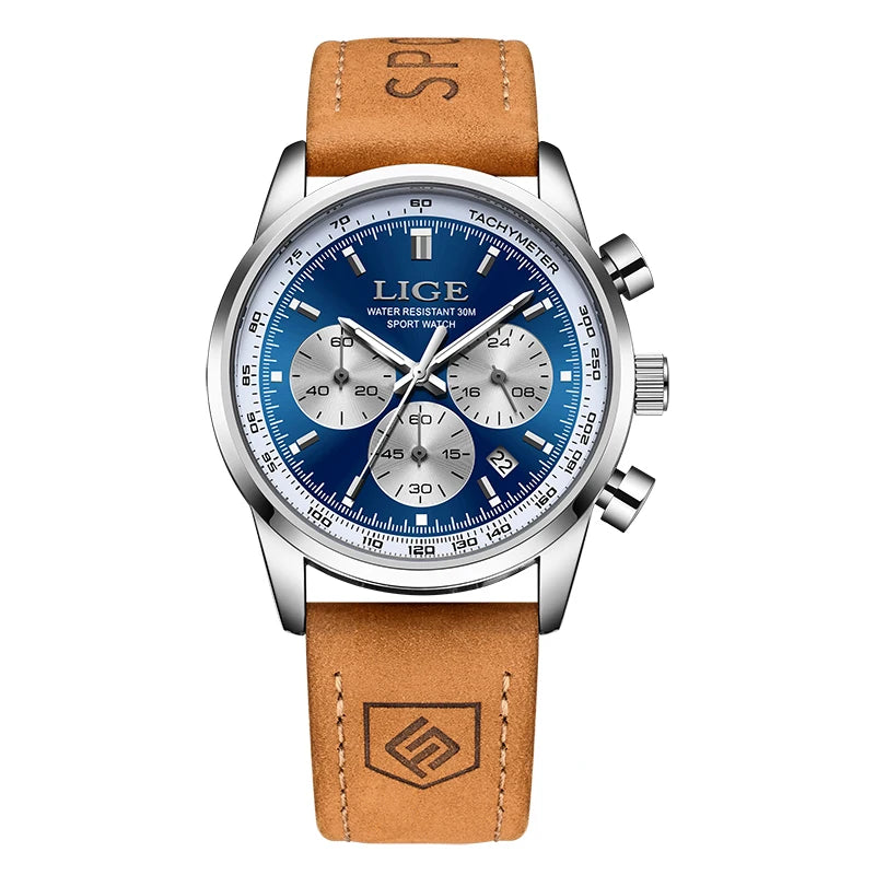 LIGE Men's Business Quartz Watch — Genuine Leather Chronograph Wristwatch
