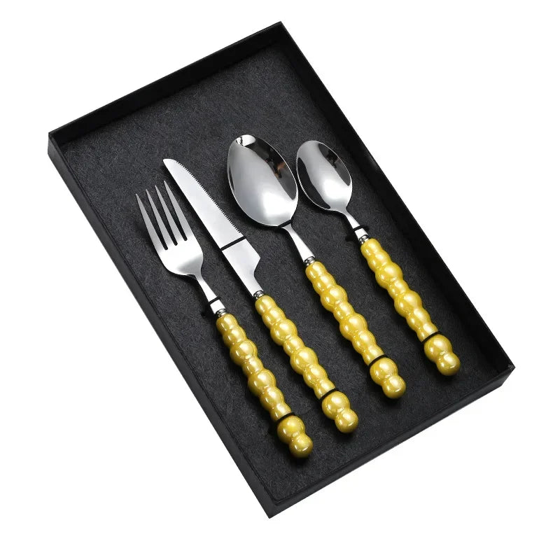 Luxury Ceramic Pearl Handle Cutlery Set — Stainless Steel Spoon and Fork Set