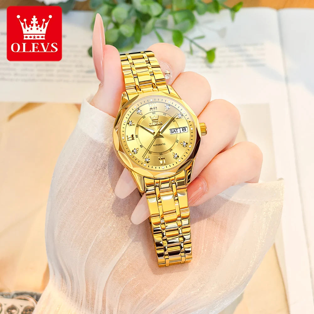 OLEVS Automatic Women's Watch — Luxury Stainless Steel & Dual Calendar