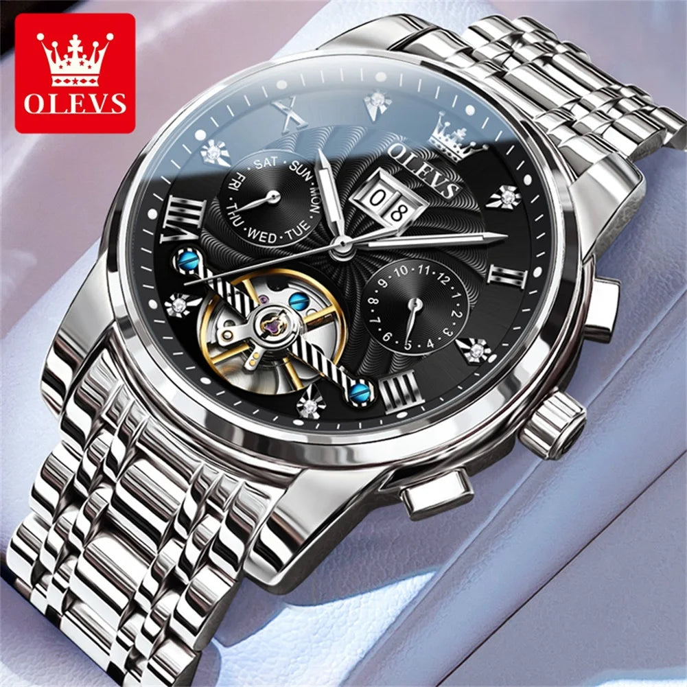 OLEVS Classic Men's Automatic Watch — Luxury Skeleton Tourbillon Design