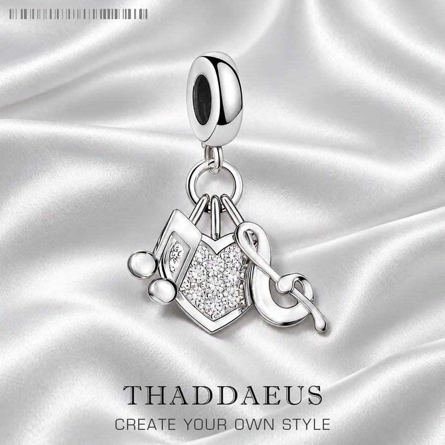 Thaddaeus Music Note Dangle Charm — 925 Sterling Silver Zircon Pendant