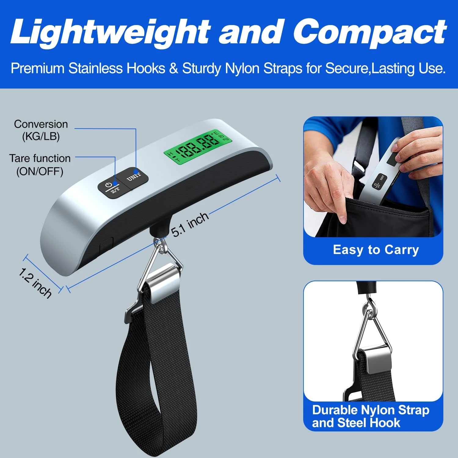 Digital Hanging Luggage Scale — Portable Suitcase Weight Checker, Backlit LCD