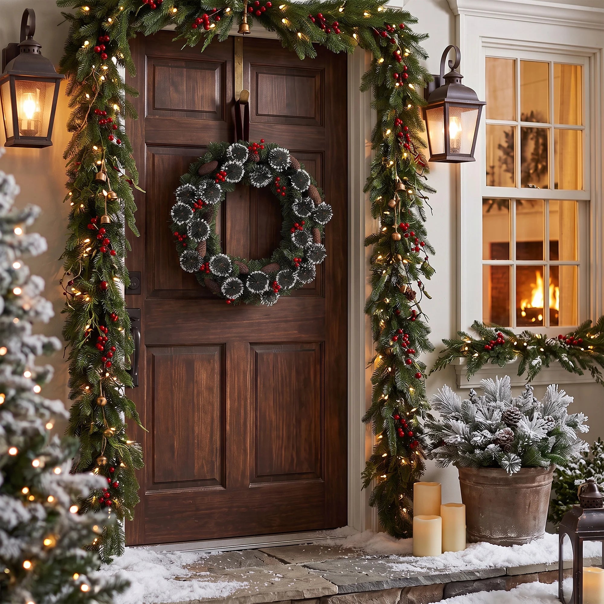 Illuminated Artificial Fir Christmas Wreath — Festive LED Decor with Berries and Pine Cones