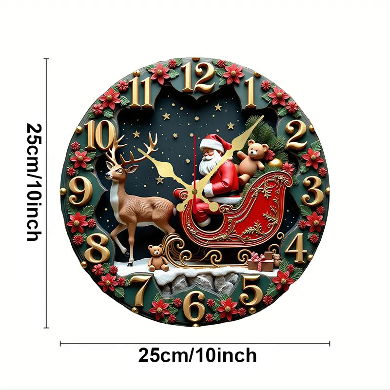 Wooden Santa and Reindeer Wall Clock — Silent Hanging Holiday Decor