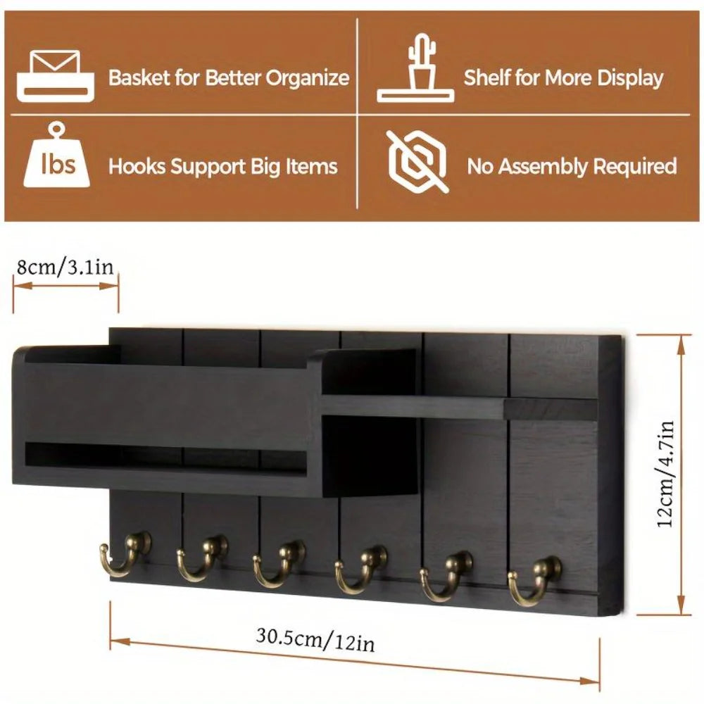 Wooden Wall Mount Key Holder — 6-Hook Organizer with Mail Sorter & Shelf