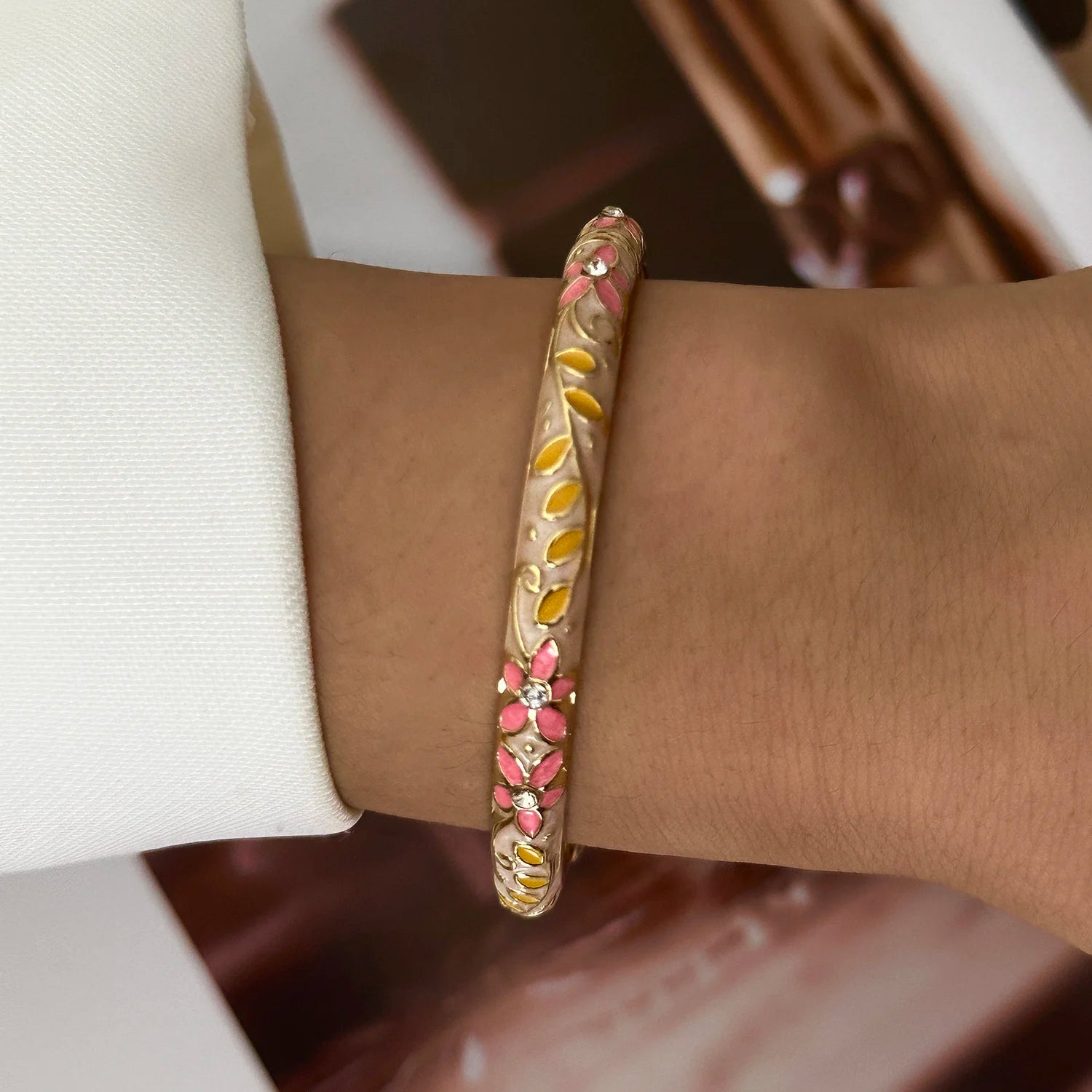 Boho Ethnic Cloisonne Enamel Flower Bracelets — Multicolor Floral Stacking Bangles