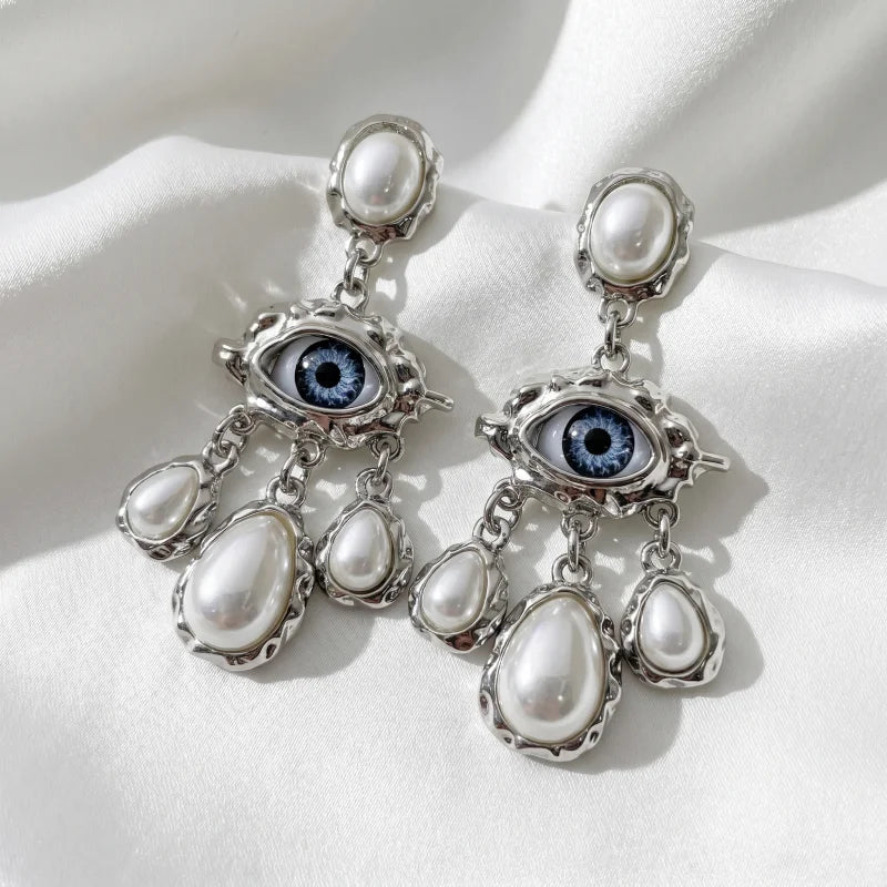 Obega Gothic Evil Eye Dangle Earrings — Ornate Pearl Tassel Jewelry