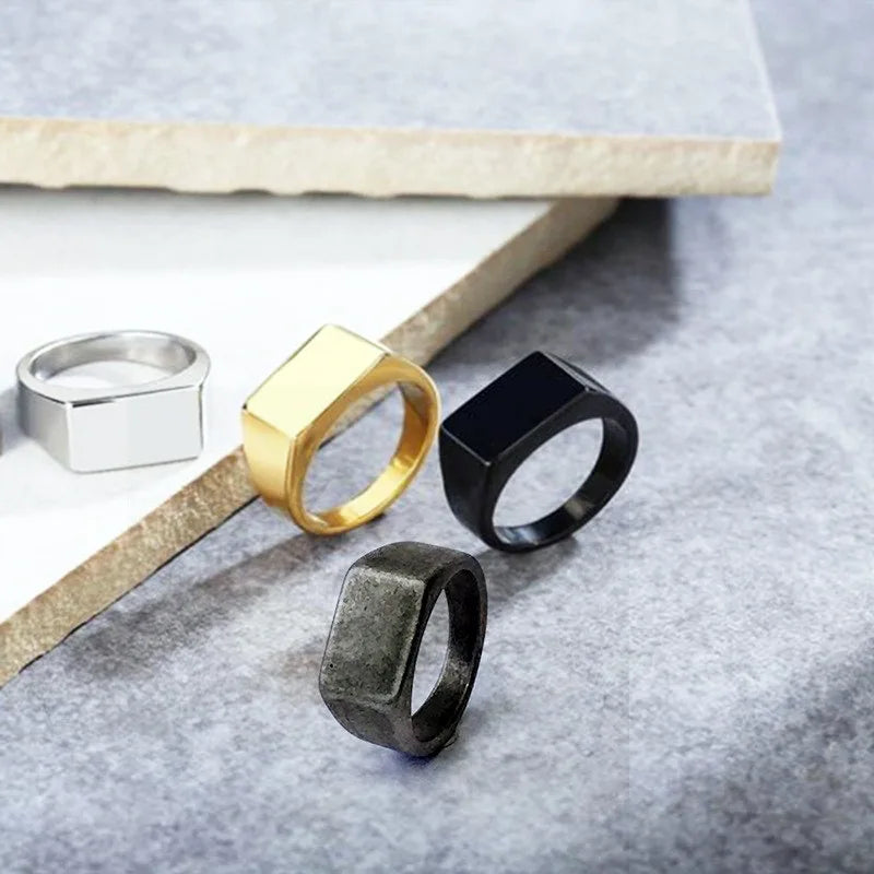 Geometric Rectangular Pattern Ring — Stainless Steel Punk Style Jewelry