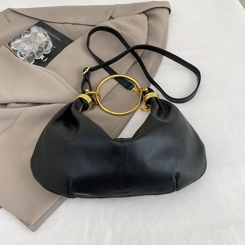 Elegant PU Leather Hobo Bag — Stylish Gold Ring Handle Tote