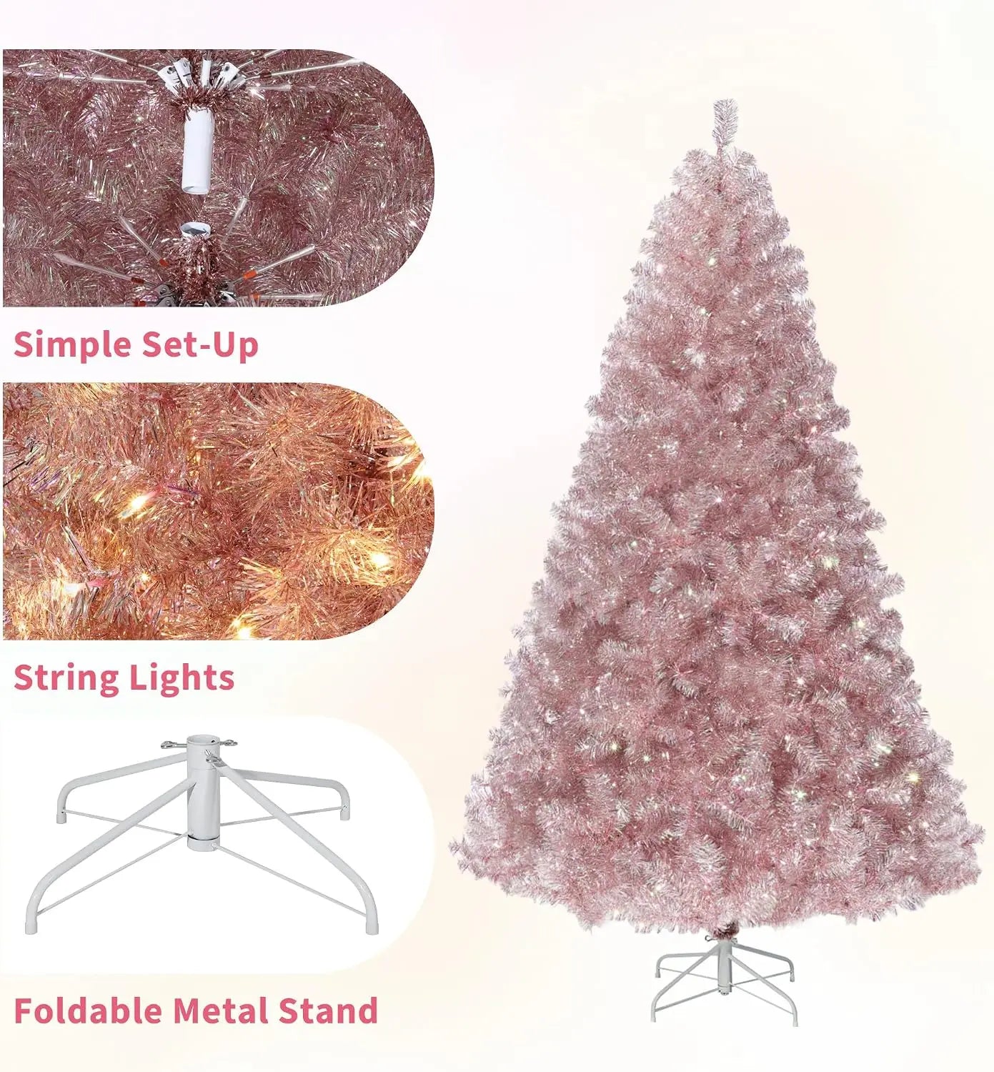 Rose Gold Tinsel Artificial Christmas Tree — Prelit with 250 LED Lights