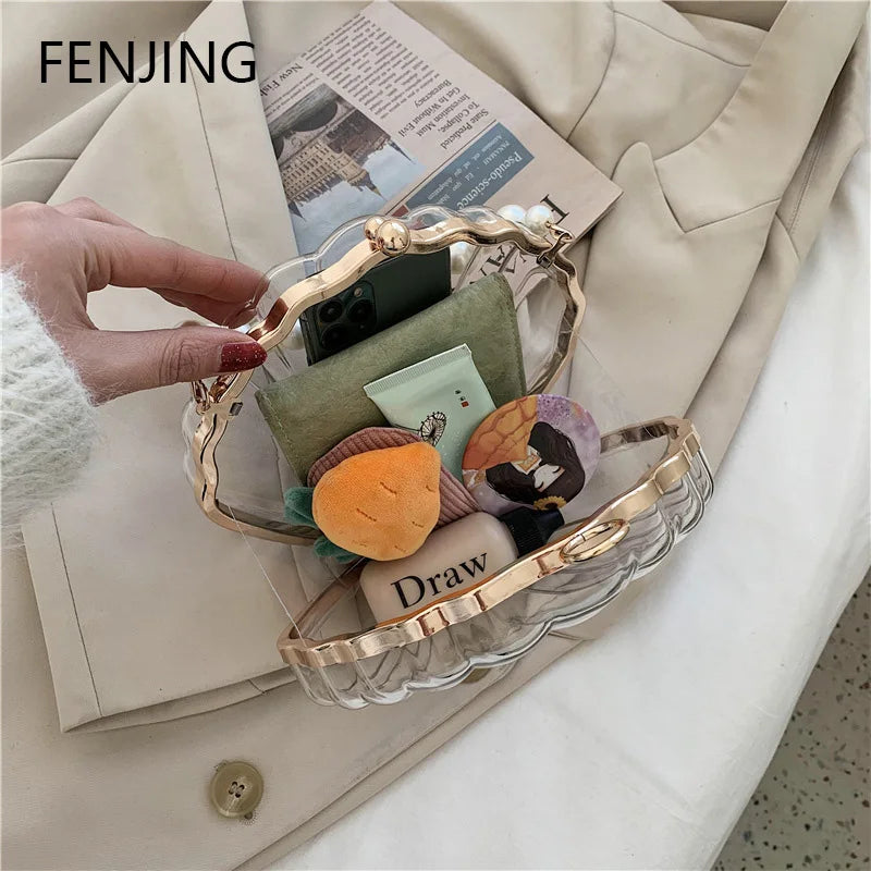 FENJING Transparent Shell Evening Bag — Pearl Chain Clutch & Crossbody Purse