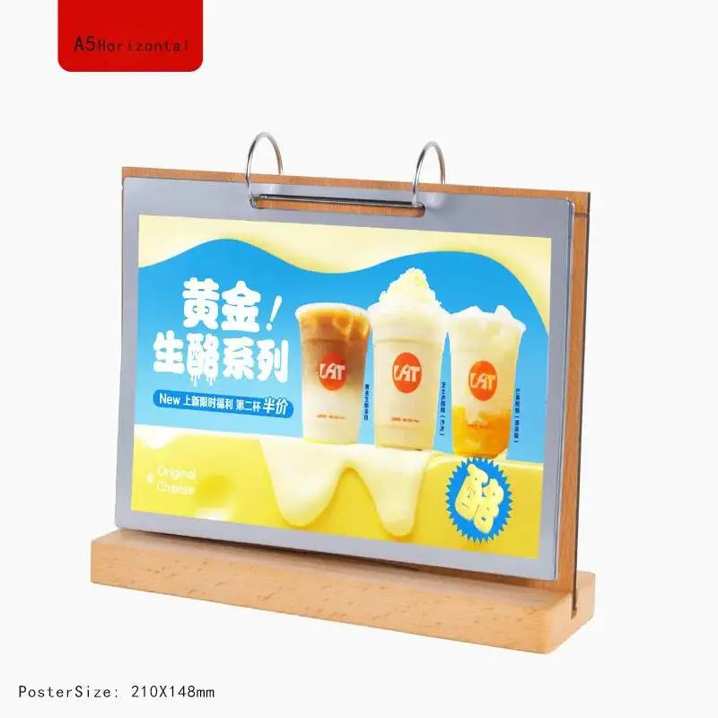 Loripos A6 Acrylic Sign Holder — Clear Tabletop Display with Wooden Base
